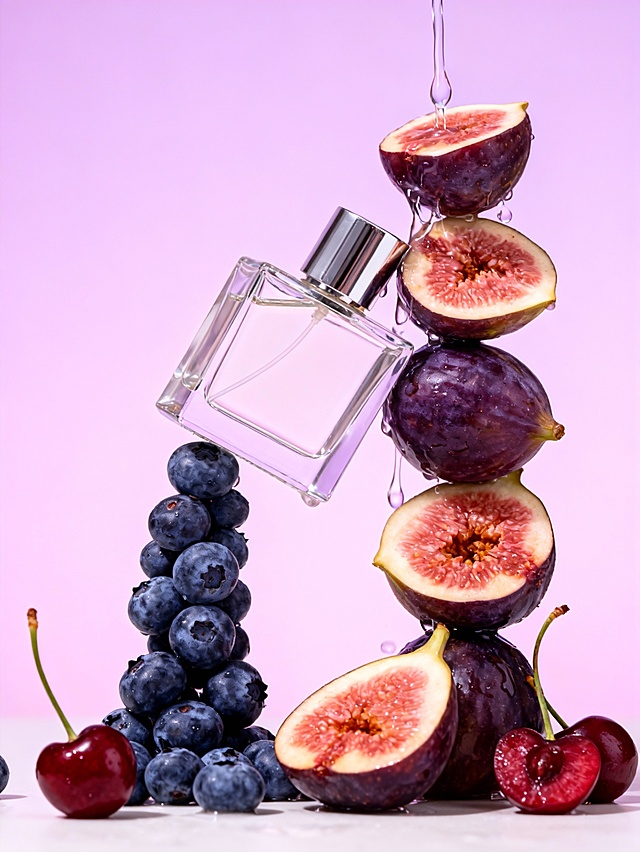 清新活力的商业产品摄影风格，高质感精细渲染；画面采用紫粉渐变的柔和低饱和色调，整体明亮清新且色彩饱满；以平视中景视角、错落堆叠的生动式构图呈现，视觉重心聚焦于产品；场景包含蓝莓、对半切开的无花果、樱桃等浆果类水果，以及从画面感顶端向下滴落的透明液体，产品位于画面中心区域，呈倾斜角度悬浮倚靠在水果间；水果以错落向上堆叠的方式作为产品的承载与自然衬托，透明液体滴落环绕产品以增强鲜活感，所有元素围绕产品构建清新自然的氛围；配合柔和定向光照明、高光泽材质细节表现、自然景深效果与生动的动态元素呈现。