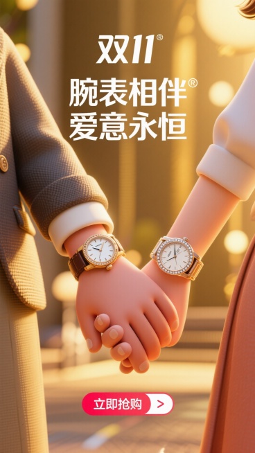 一张温馨浪漫的照片，展示一对时尚情侣的手温柔相握，两人都佩戴着优雅的奢华手表。背景是柔和、温暖的黄金光虚化效果。图片顶部有醒目的“双11”Logo。主标题“腕表相伴 爱意永恒”优雅地显示在中央。一个醒预览效果