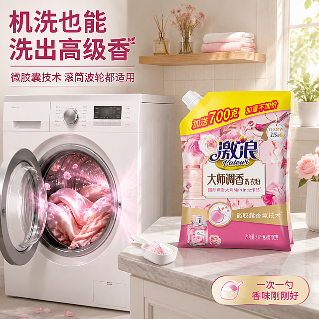 [主图-11] 机洗场景洗衣机使用场景图
[氛围风格] 现代家居洁净风，粉金高级质感，真实家庭洗衣房场景
[画质] 商业摄影质感、光线柔和通透、产品清晰真实、画面干净高级、超高清细节
[元素] 画面为现代简约风格的家庭洗衣房场景。右侧台面上放置激浪大师调香洗衣粉袋装产品，产品占画面约40%，旁边有一个白色量勺，勺中盛着粉色洗衣粉颗粒。左侧是一台白色滚筒洗衣机，洗衣机门半开，里面可以看到洗好的粉色衣物与玫瑰花瓣，洗衣机内有淡淡的粉色香氛光雾飘出。台面为浅灰色大理石质感，下方是白色洗衣柜。背景墙是浅米色小方砖，墙上挂着木质置物架，架上摆放着香薰瓶、干花束、折叠整齐的毛巾。窗台上有一盆绿色植物，阳光从窗外洒入。地面散落几片粉色玫瑰花瓣。保持产品外观（即物理结构、材质质感、颜色、包装图案）与输入产品图完全一致，杜绝任何变形和色差，精细化处理。
[光影] 主光为右侧自然光，柔和明亮；辅光为左侧环境漫反射，提亮暗部；洗衣机内有自发光香氛效果。整体光线干净通透，现代家居感强。
[配色] 主色调白色与浅灰；辅助色柔粉、木色、浅绿；整体洁净现代，温馨舒适。
[视角构图] 平视微偏右视角，产品在右前景，洗衣机在左中景，空间纵深感强，画面满屏无边框。
[文字版式] 左上负空间左对齐排版，主标题大字"机洗也能 洗出高级香"，深玫瑰色粗体大号字；副标题"微胶囊技术 滚筒波轮都适用"，同色系中号字。右下角小标签"一次一勺 香味刚刚好"。文字清晰可读，不遮挡产品主体。
[输出要求] 1:1比例，文字清晰锐利，超高清商业摄影质感
[负向提示词] 变形，文字错乱，产品图模糊，背景杂乱，水印，电商平台Logo，多余的手，畸形手