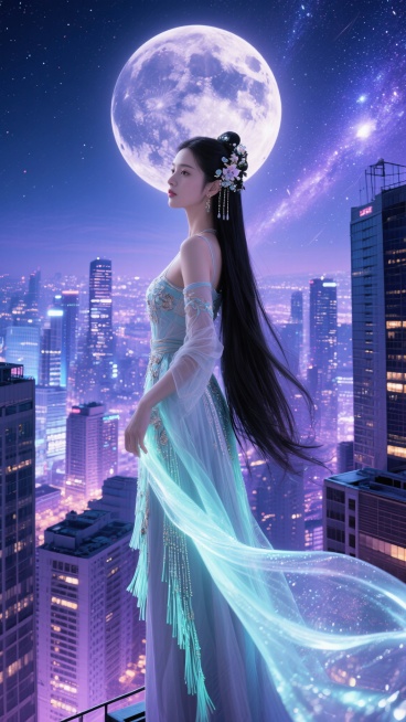 20張分鏡圖提示詞（9:16，32K電影級）
統一設定：25歲仙氣美女，長直黑髮、螢光流蘇長裙、宋代簪花，現代超現實城市夜景（摩天樓+國風霧氣+螢光光暈），無文字，電影寫真風格

0-3秒 Hook预览效果