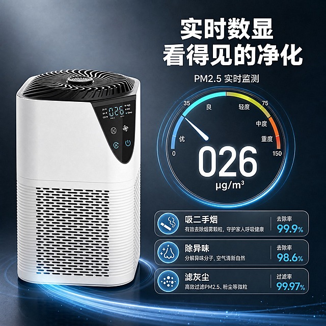 [主图-2] 核心价值与关键卖点，聚焦PM2.5数字监测与净化效果，用数据可视化证明净化能力。
[统一基调] 抖音风格，科技感冷灰蓝主色调，白色产品主体，深灰到浅蓝渐变背景，主标题白色粗体大字，辅助文字浅灰色，强调色用科技蓝，字体为现代无衬线粗体，圆角卡片与图标样式统一，整体高清实拍质感、强视觉冲击。
[画面] 产品位于画面左侧，占画面约45%，正面视角略偏，清晰展示屏幕上的PM2.5数字显示。画面右侧为核心价值区：上方大号主标题，中间一个大型圆形仪表盘数据可视化，显示PM2.5数值从高到低的动态指示，指针指向优良区间，仪表盘中心有大大的"026 μg/m³"数字。仪表盘下方用3条短横条对比展示：二手烟去除、异味去除、灰尘过滤，每条左侧有图标，右侧有简短描述。画面底部有一条淡淡的空气流动光带从产品底部环绕到右侧。
[光影质感] 商业摄影质感，产品光照均匀，屏幕数字有冷蓝色发光效果，仪表盘有玻璃质感和科技蓝光效，整体光影统一从左上方来。
[配色] 背景中灰渐变到科技蓝，产品白+黑，主标题白色，仪表盘主体深灰底+科技蓝高亮，数据数字白色大号，对比条图标科技蓝。
[文字版式] 主标题"实时数显 看得见的净化"白色粗体大字在画面右上；仪表盘中心"026 μg/m³"超大号白色数字；仪表盘上方小字"PM2.5 实时监测"；下方三条对比："吸二手烟" "除异味" "滤灰尘"，每条配图标和短说明。文字全部右半区排布，不遮挡左侧产品。
[输出要求] 1:1正方形比例，2K高清，产品清晰，数据可视化精致，文字清晰可读，无水印无平台logo。禁止数据造假、产品变形、错字模糊。
