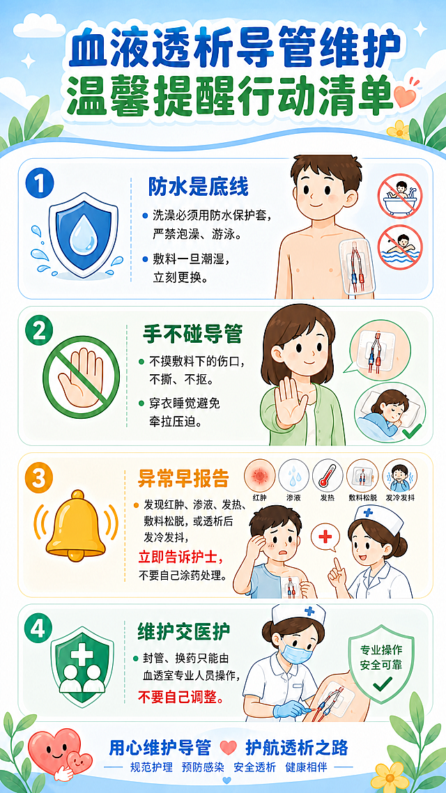 仅调整科普海报第一张配图：将血液透析导管从胸部移动到人物手臂处，导管位于上臂，外面完整包裹透明防水保护套。所有原有文字内容、其他配图、排版布局、配色和卡通简约温馨风格保持完全不变。