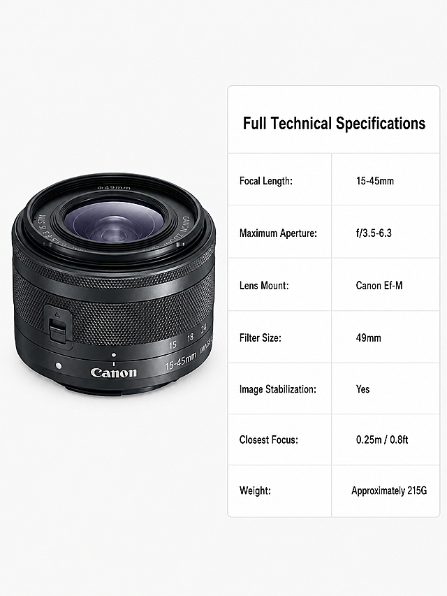 [第9屏] Full Specification - Complete Technical Specifications of Canon EF-M 15-45mm f/3.5-6.3 Is Stm.
[氛围/风格] Clean parameter card design, organized information, easy to read, professional specification display.
[元素布局] The left half of the screen places the EF-M 15-45mm lens side view, using [image2], maintains the original structure, all the details of the zoom ring and logo are consistent with the original image. The right half is the parameter table area, which is divided into two columns: parameter name and parameter value, arranged in a list. The lens occupies 45% of the area on the left, the parameter table occupies 50% of the area on the right, the layout is balanced, the text does not obscure the product. All product details are consistent with the original image.
[光影质感] Uniform soft lighting, the product has clear texture, the parameter table area has clear lines, the text is clearly visible, the overall picture is clean and orderly.
[配色色系] Global background color: #F5F5F5 (light gray); lens body: black; parameter card background: #FFFFFF (white); text color: #111111 (black); table line: #E0E0E0 (light gray).
[视角构图] Left product right table, two-column layout, clear and organized.
[文字版式] Title at the top "Full Technical Specifications", the first letter of each main word is capitalized. Parameter list on the right: Focal Length: 15-45mm, Maximum Aperture: f/3.5-6.3, Lens Mount: Canon Ef-M, Filter Size: 49mm, Image Stabilization: Yes, Closest Focus: 0.25m / 0.8ft, Weight: Approximately 215G. The first column is the parameter name, the second column is the parameter value, the lines are clear, the text is clear and readable, the first letter of each main word is capitalized.
[比例分辨率] 3:4 vertical ratio, 2K resolution, all text is clear and readable.
[负向提示词] Deformed lens, missing parts, wrong structure, color deviation, watermark, text confusion, blurred product image, Chinese characters, messy lines.