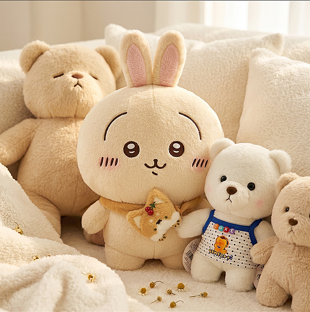 基于原图，生成一张氛围治愈的毛绒玩具乌萨奇商品场景图，保持主体毛绒兔子和周边小熊玩偶的物理结构、造型和文字图案不变，保持整体毛绒软乎乎的质感。放置在干净温馨的奶白色柔软沙发场景中，使用全屋漫射柔光，低对比度，整体色调偏暖奶油色系，营造温馨治愈的氛围感。保留前景中景背景层次，加入柔和的窗光光影，让画面整体明亮干净通透，保持构图主体突出。西方面孔,金发,深眼窝,雀斑,杂乱房间,死黑阴影,硬光,乡村风,高对比度,多余的盖子,缺失的部件,悬浮的物体,变形的手柄,摄影灯,柔光箱,三脚架,水印,文字,昏暗光线,死黑阴影,畸变透视,比例失调
