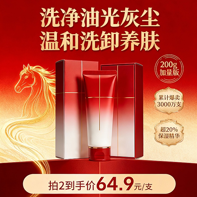 电商促销海报，背景是细腻的红色浅金色渐变纹理（从上到下），背景是细腻的红金渐变纹理，搭配金色流动光效与火焰状线条抽象马形剪影营造热烈氛围；

主体在画面中间，主体在台面上；

右侧标注 “200g 加量版” 圆形金色线条标签，“累计爆卖 3000 万支”“超 20% 保湿精华” 等金色徽章；

画面顶部主标题为加粗金色大字 “洗净油光灰尘  温和洗卸养肤”；

底部米色色促销横栏 “拍 2 到手价 64.9 元 / 支”促销信息；

整体融合现代美妆视觉与中式喜庆氛围，色彩高饱和且层次分明，兼具商业促销感与高端质感。