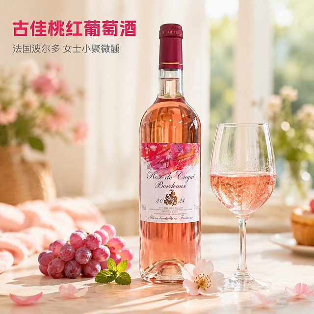 [主图-1] 古佳桃红葡萄酒清新女士酒场景首图
[氛围风格] 清新治愈夏日氛围，适合女性用户的优雅轻饮风格
[画质] 商业摄影质感、光线柔和通透、产品清晰真实、画面干净高级
[元素] 将古佳桃红葡萄酒瓶完整居中展示，瓶身右侧搭配一只盛有桃红葡萄酒的高脚杯，瓶身左侧放置几颗新鲜粉紫葡萄，点缀一片薄荷叶与白桃花瓣做装饰，整体摆放在浅米白色木质餐桌台面上，背景虚化浅景深。保持古佳桃红葡萄酒瓶外观、物理结构、材质质感、颜色与输入产品图绝对一致，杜绝任何变形和色差，精细化处理。商品主体占比严格控制在70%左右，画面满屏无边框
[光影] 自然柔和的上午侧窗暖阳，酒液呈现通透粉橙光泽，杯壁带有细微冷凝水珠效果，光线勾勒瓶身轮廓，背景柔和虚化不抢主体
[配色] 主色调为浅粉、米白、浅木色，清新柔和的马卡龙色系，突出女士酒温柔清新定位
[视角构图] 水平平视45度斜拍，主体完整居中，前景浅景深，轮廓完整不裁切
[文字版式] 画面左上角放置从产品提取的品牌信息，大字文案写“古佳桃红葡萄酒”，粉色深粗体无衬线字体；下方辅助短句写“法国波尔多 女士小聚微醺”，字号缩小一半，浅灰色同字体。文字在左上角负空间对齐，不遮挡主体
[输出要求] 1:1 比例，文字清晰锐利，超高清商业摄影质感
[负向提示词] 变形，文字错乱，产品图模糊，背景杂乱，水印，电商平台Logo，深色厚重背景