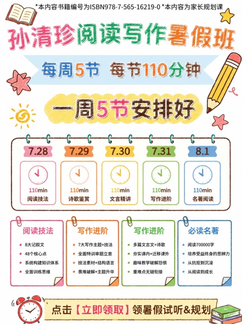 保留图片原有3:4比例不变，保留所有文字内容不变，仅将标题文字“孙清珍阅读写作暑假班”“每周5节 每节110分钟”“一周5节安排好”修改为铅笔手写的质感，其他画面元素和排版保持不变预览效果