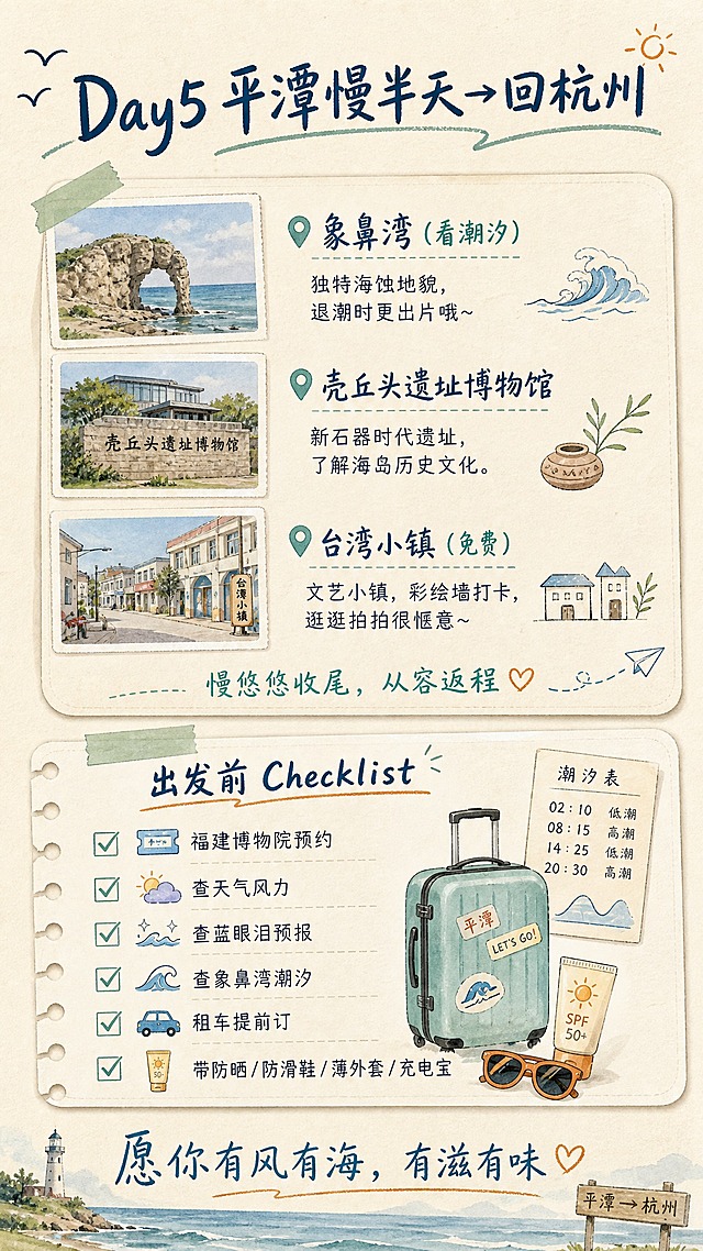 旅行手账风格竖版图，Day5返程+实用贴士。上方标题"Day5 平潭慢半天→回杭州"，列出可选景点：象鼻湾(看潮汐)、壳丘头遗址博物馆、台湾小镇(免费)，配文字"慢悠悠收尾，从容返程"。下方标题"出发前Checklist"，列出：福建博物院预约、查天气风力、查蓝眼泪预报、查象鼻湾潮汐、租车提前订、带防晒/防滑鞋/薄外套/充电宝。配手绘行李箱、太阳镜、防晒霜、潮汐表小图标。底部加一句暖心文案"愿你有风有海，有滋有味"。浅米色纸张背景，蓝绿色文字。套系策略：风格=清新文艺旅行手账风；标题字=手写体粗字；正文字=简洁无衬线体；主色=海蓝+青绿；背景延展=浅米色纸张质感，带细微纹理；强调色=暖橙色；标题色=深海蓝；正文色=深灰蓝；组件=圆角便签卡片、虚线引线、手绘小图标；光影=柔和自然光。