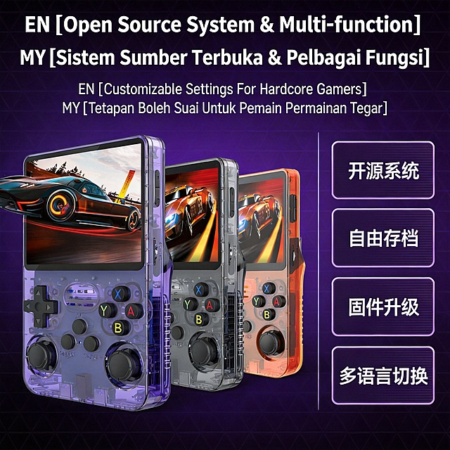 1:1正方形高清电商详情页，东南亚马来西亚风格，赛博科技风；深紫色科技底色，几何网格纹理；画面采用左右分栏排版，左侧R36S掌机实拍图，右侧四大功能标签卡片（开源系统、自由存档、固件升级、多语言切换）；顶部主标题（双语加粗）：EN【Open Source System & Multi-function】、MY【Sistem Sumber Terbuka & Pelbagai Fungsi】；副标题：EN【Customizable Settings For Hardcore Gamers】、MY【Tetapan Boleh Suai Untuk Pemain Permainan Tegar】；严格还原上传的产品图，包括包装设计、颜色、LOGO位置、文字内容、图案元素等所有细节，产品规格：3.5英寸IPS屏幕、3200mAh可拆卸电池，百分百还原R36S掌上游戏机外观与结构，排版规整，科技感拉满，禁止出现：功能文案错乱，分栏失衡，底色灰暗，极简风格，多余装饰元素，卡片变形，产品模糊，字体简陋，信息杂乱无章
