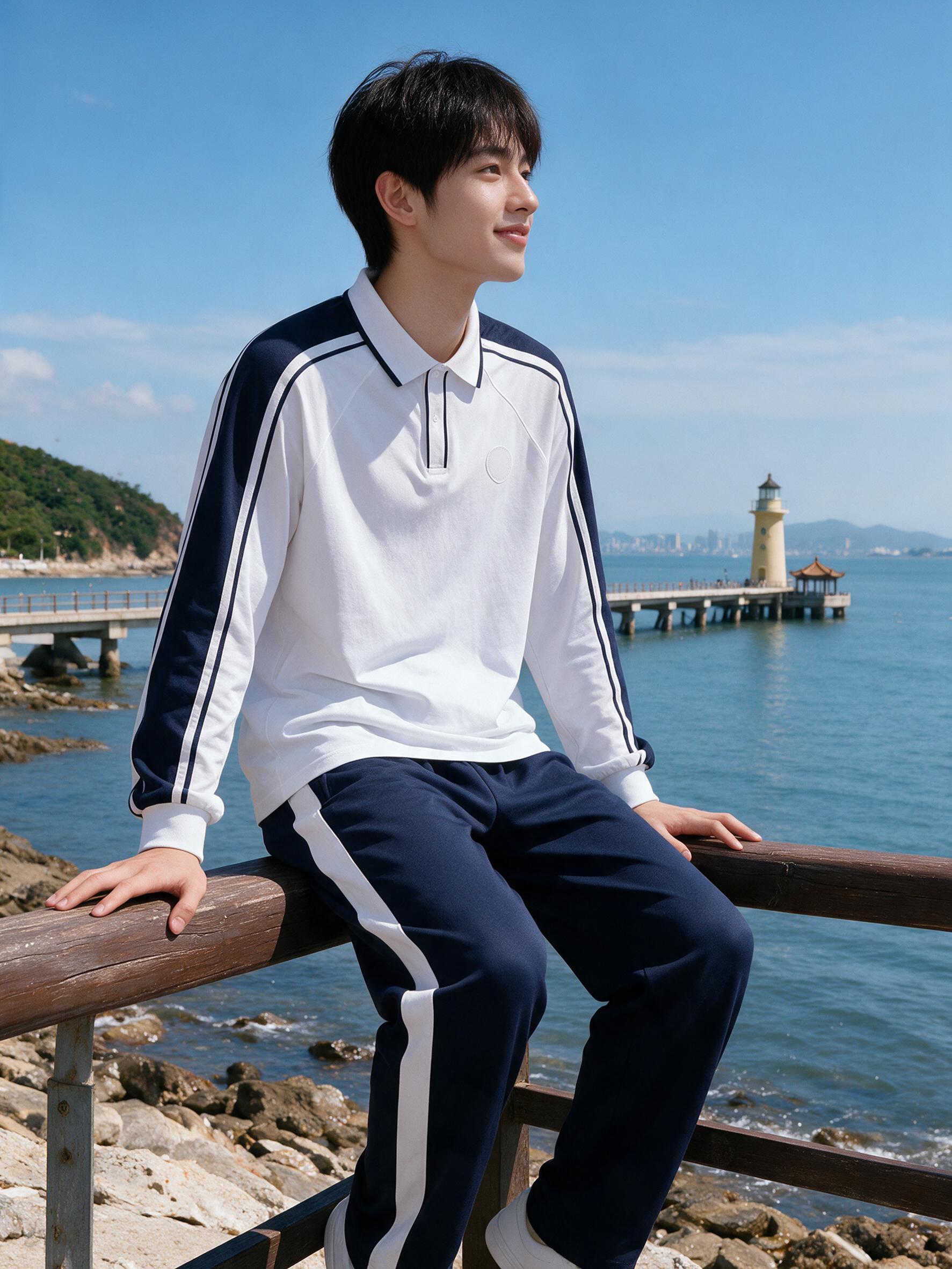 海滨风景，少年男模特半身照。模特保持参考图的面容（黑色蓬松短发… - 图片创意预览