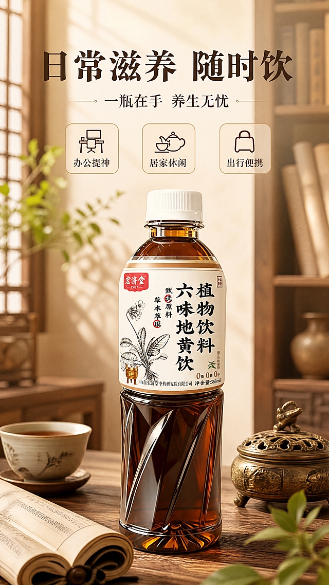[商品] 使用【图1】宏济堂六味地黄饮植物饮料；保留瓶身结构、深棕透明瓶体、白色瓶盖、白色标签、红色宏济堂Logo、六味地黄饮大字、草本植物插画、0脂0糖0卡标识、山东宏济堂中药研究院有限公司字样、368ml净含量；瓶身标签文字和图案完全保留不修改。
[画面] 目标：场景种草，日常饮用场景。构图：单场景沉浸型，新中式书房/茶室场景，产品放在木质书桌上，旁边有茶杯、书卷、古朴香炉、绿植，营造静谧养生氛围。产品占画面40%，位于画面中下部。背景：虚化的中式书架、窗格，暖光柔和。景别：中景，场景感强。
[视觉] 套系策略：风格=中式草本养生商业摄影；标题字=宋体粗体（古朴厚重）；正文字=简洁宋体；主色=暖棕米色调；背景延展=基于暖米棕做深浅层级、同色渐变和宣纸/麻布质感；强调色=深棕红，仅用于小面积图标、引线和标签；标题色=深棕；正文色=中暖棕；组件=圆角浅棕信息卡、细线引线、草本图标；光影=左前侧暖柔光，窗边自然光感，柔和自然。
[文字] 上方主标题"日常滋养 随时饮"，副标题"一瓶在手 养生无忧"，下方3个场景标签：「办公提神」「居家休闲」「出行便携」，文字区在上部留白，不遮挡产品主体。
[规格] 图片比例9:16竖版，4K分辨率，避免变形、错字、文字过小、冷蓝背景、场景杂乱。
