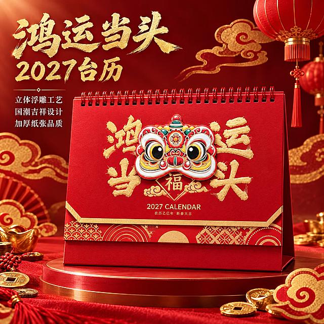 [主图-1] 首图产品身份展示，主题：2027国潮立体台历 新年鸿运当头。
[统一基调] 国潮喜庆风格，红金主色调，背景为深红色渐变搭配金色祥云纹理，标题字体为大气书法体金色，辅助文字为白色宋体，整体高端精致有质感。
[画面] 画面中央展示醒狮款台历主体，正面视角，台历占画面60%，台历下方有轻微投影。台历周围点缀金色祥云、灯笼、铜钱等国潮元素装饰。左上角有金色书法大标题"鸿运当头 2027台历"，下方有三行小字卖点："立体浮雕工艺""国潮吉祥设计""加厚纸张品质"。
[光影质感] 商业摄影质感，主光从左上方打来，台历表面有自然光泽，立体浮雕部分有明显光影层次，底部有柔和接触阴影。
[配色] 主色大红色+金色，辅助色白色，背景深红渐变，整体喜庆大气。
[文字版式] 左上角主标题金色书法大字，字号最大；下方三行卖点白色小字，左对齐；文字不遮挡台历主体。
[输出要求] 1:1正方形比例，2K分辨率，文字清晰锐利，台历主体清晰完整，无变形错字，无水印无平台Logo，画面干净高级。