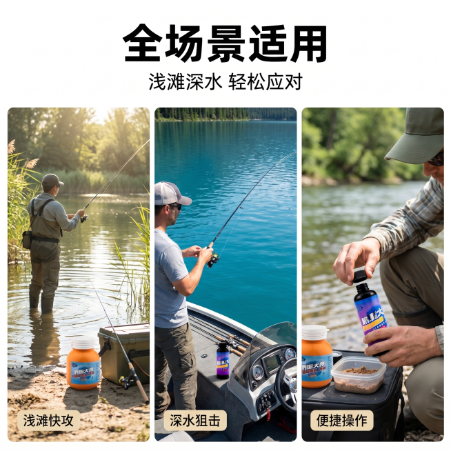「图片1」「图片1」，生成一套主图（5张），商品名称是路亚诱鱼剂，为国内路亚鱼情量身定制，适配抖音平台，主图比例为1:1预览效果