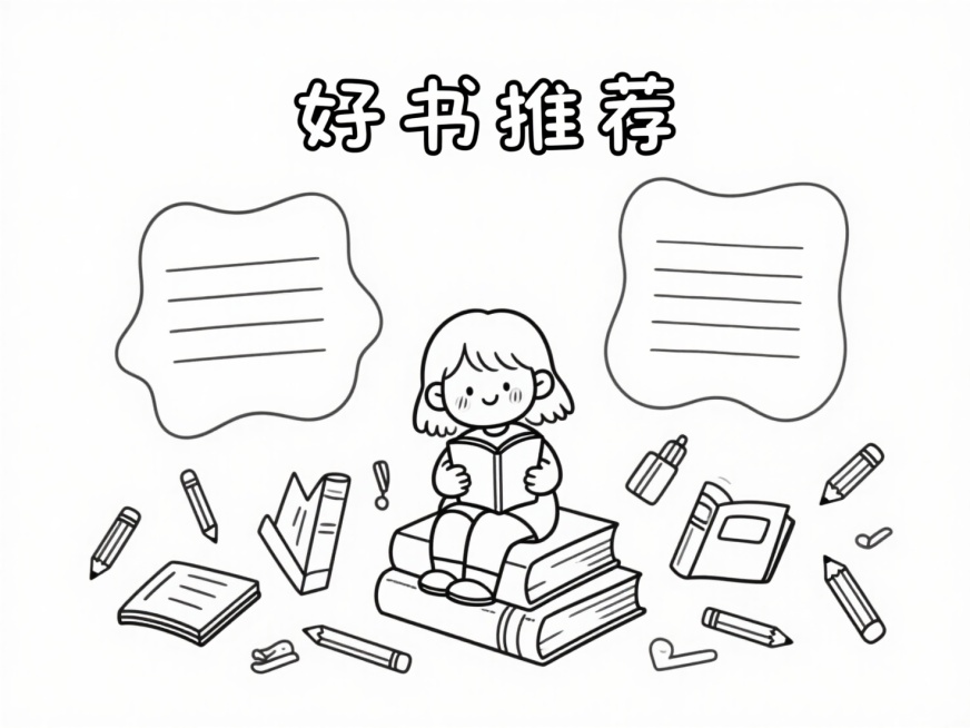 手抄报线稿（无色），细描边。构图的元素紧凑活泼。主题“好书推荐”。画面围绕着小女孩抱着书坐在书本上设计，装饰书本、铅笔、文具。纯白背景。预览效果