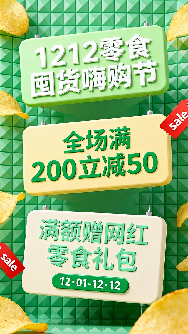 软3D风格融合几何纹理背景，塑料质感标签悬浮设计，强化促销视觉冲击，绿色系呼应零食主题，营造1212国货嗨购节的活力氛围。