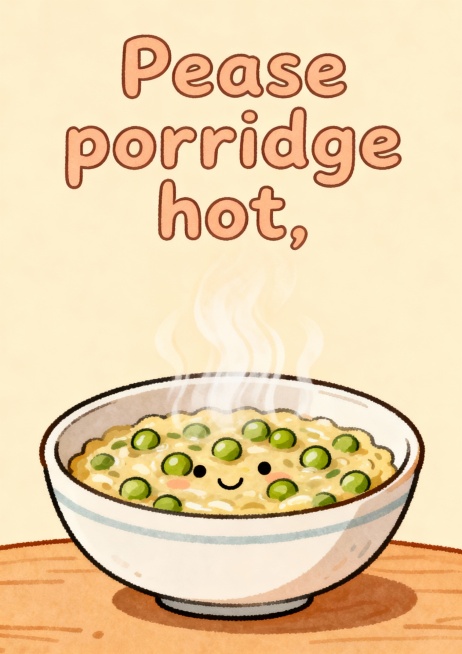 请制作A4竖版儿童卡片 1：
Pease porridge hot,
Pease porridge cold,
Pease porridge in the pot nine days old.
Som预览效果