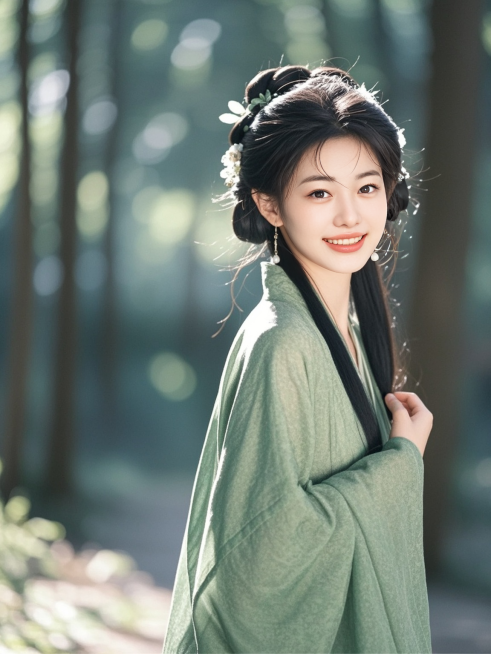 一名身穿绿色系汉服的女生，中式发饰，皮肤纹理清晰，高清商业摄影，半身照，人物特征保持预览效果