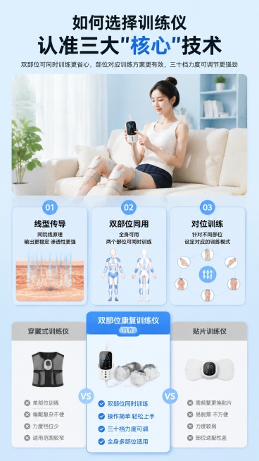 [第7屏] 如何选择康复训练仪，认准三大核心技术。本屏展示本款产品使用场景，更换模特形象，宽度1080像素，高度1920像素。
[氛围/风格] 对比选择专业风，浅蓝色背景，信息卡片清晰。
[元素布局]预览效果