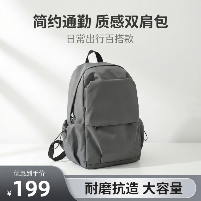 主图首屏（营销通栏版）：严格还原上传的灰色双肩包产品图，包括包装设计、颜色、LOGO位置、文字内容、图案元素等所有细节，产品外观必须与参考图完全一致，不得改变包装设计、配色方案或品牌元素；保持产品的真预览效果