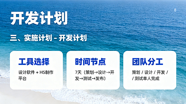 第8页PPT，三、实施计划 - 开发计划，极简专业风格，蓝白海洋风。内容：工具选择：设计软件 + H5 制作平台；时间节点：7 天（策划→设计→开发→测试→发布）；团队分工：策划 / 设计 / 开发 / 测试单人完成。排版简洁清晰