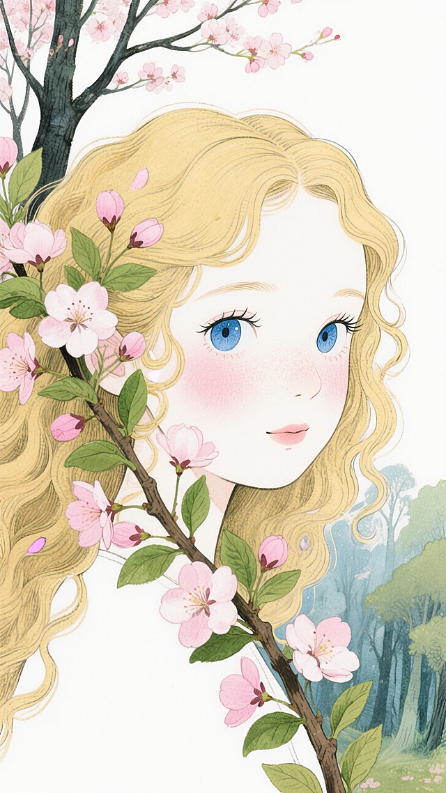 梦幻水彩插画，金发蓝眼少女与樱花相映，甜美浪漫，春日氛围浓厚。