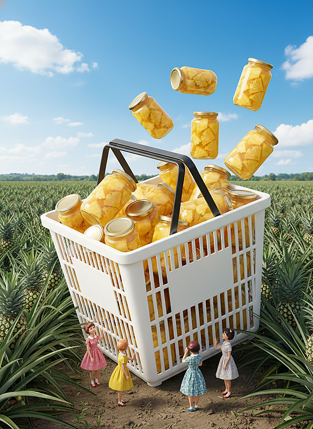 画面的主体是一个向镜头倾斜的白色塑料购物篮，将画面中的主罐头提取到白色塑料购物篮里撑满画面，主体重复的、拥挤的、密集且杂乱堆叠，堆满内部，有的图片中的主体向镜头飞过来，高饱和色调。背景是一个蓝天白云的田园场景：周围都是菠萝树。三位穿着复古裙装的小人看着购物篮。
