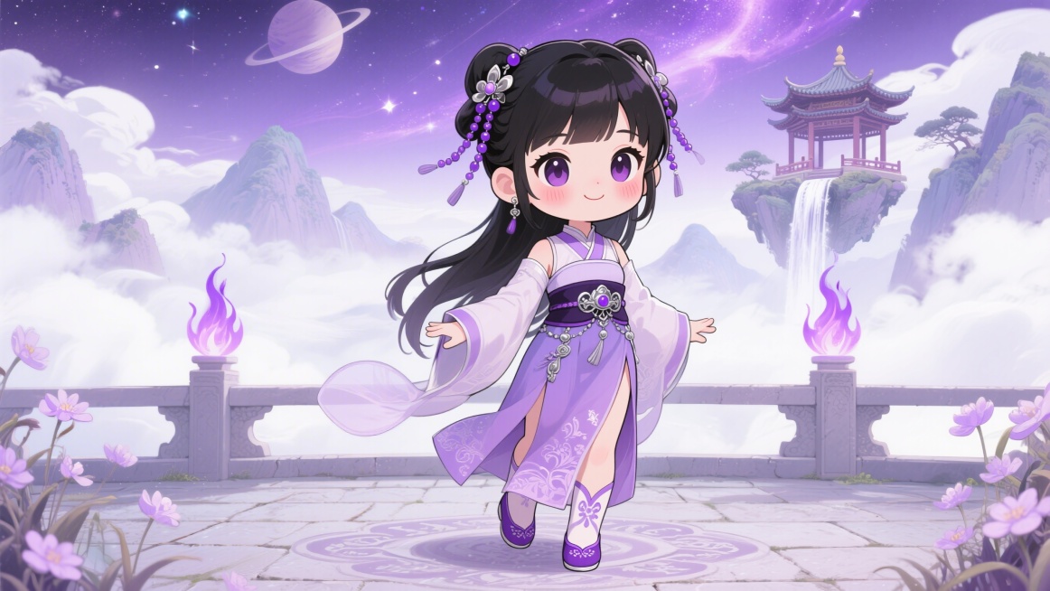 Q版古风仙侠少女，可爱chibi风格，乌黑长发，紫色珠串发饰，大眼睛，脸颊红晕，温柔微笑，浅紫色渐变古风襦裙，深紫腰封配银饰，开叉裙摆，紫色绣花鞋，背景是云雾缭绕的仙山，淡紫色山峦，瀑布，悬浮的中式亭预览效果
