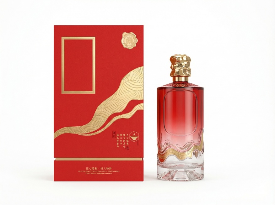 提取酒盒和酒瓶，将酒盒放在左侧，酒瓶放在右侧，两者组合在同一张图中，#FFFFFF绝对纯白背景，去除原背景的展示架和其他杂物，保留酒盒和酒瓶原有设计、红色+透明渐变配色、金色纹理图案和文字内容，整体布预览效果