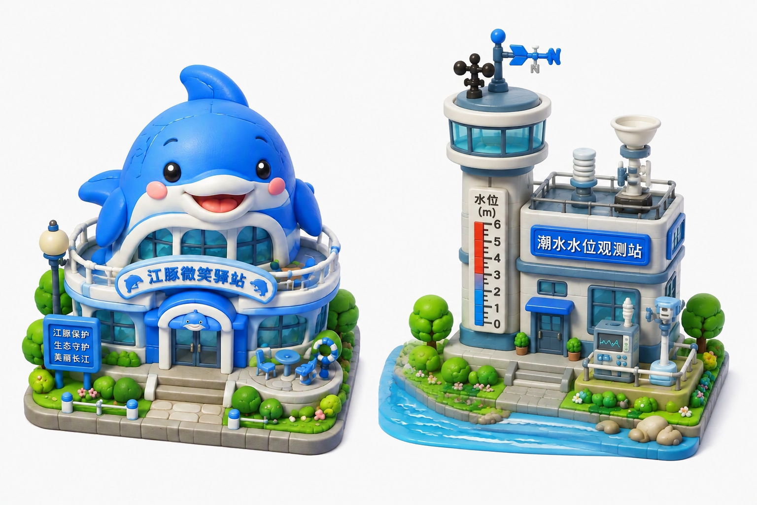 潮水水位观测站模型完全不旋转角度（建筑正面始终正对镜头），仅将… - 图片创意预览