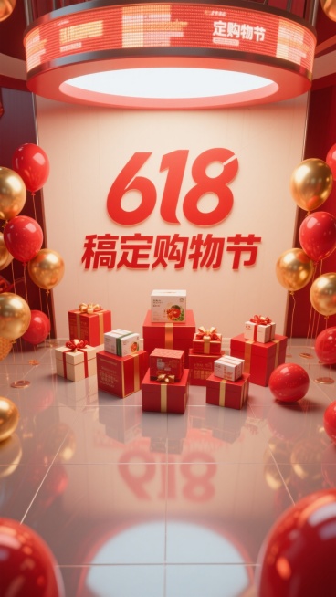 改成横屏海报，3D风格，红色，“618稿定购物节”预览效果