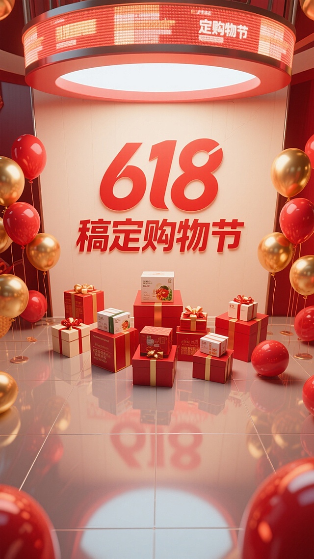 改成横屏海报，3D风格，红色，“618稿定购物节”