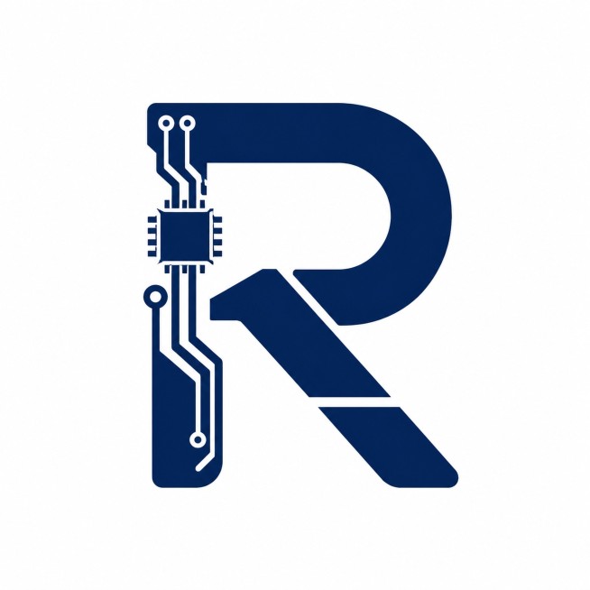 深蓝色字体，干净的纯白色背景，创意现代无衬线字体设计一个字"R"，logo化整体构图，将字体进行大幅度抽象变形。部分笔画融入科技电路与智能芯片图形元素，将字母R解构重组成简约科技感logo造型，融合流预览效果