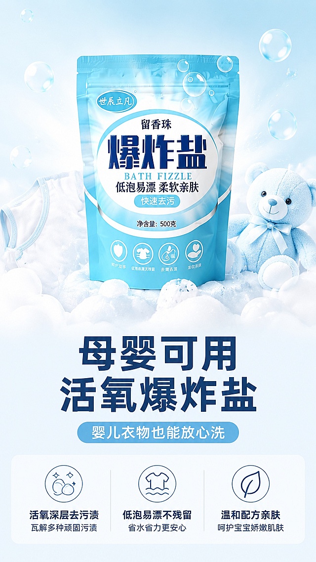 [第1屏] 详情页头图-活氧爆炸盐母婴可用宣传海报。本屏使用【图1】作为商品主体。
[氛围/风格] 明亮干净，温馨母婴风，拼多多接地气风格，商业摄影质感，信息清晰直白。
[元素布局] 活氧爆炸盐包装袋置于画面中心偏上位置，占比约65%；下方留出标题和卖点信息区，背景采用干净浅蓝色搭配柔和白色泡沫元素装饰，产品包装结构、颜色、文字信息与输入产品图保持一致。
[光影质感] 正面柔光照明，整体明亮通透，包装袋阴影自然柔和，突出产品立体感。
[配色色系] 全局底色 #F0F8FF；主色浅蓝色（来自产品包装）；辅助色白色泡沫、深蓝色文字。
[视角构图] 正面平视，产品为绝对视觉中心，阅读动线从上到下：头图产品 → 主标题 → 卖点信息 → 底部信息条。
[文字版式] 版式为上产品下文字。主标题「母婴可用 活氧爆炸盐」，副标题「婴儿衣物也能放心洗」，加粗黑体居中；底部三个卖点信息：「活氧深层去污渍」「低泡易漂不残留」「温和配方亲肤」，分点排列，文字清晰不遮挡产品主体。
[比例分辨率] 9:16 竖版比例，4K分辨率，文字清晰可辨，高清画质。
[负向提示词] 包装袋变形，缺件错件，颜色偏差，文字错乱，产品图模糊，水印，极限词，拼多多平台logo。