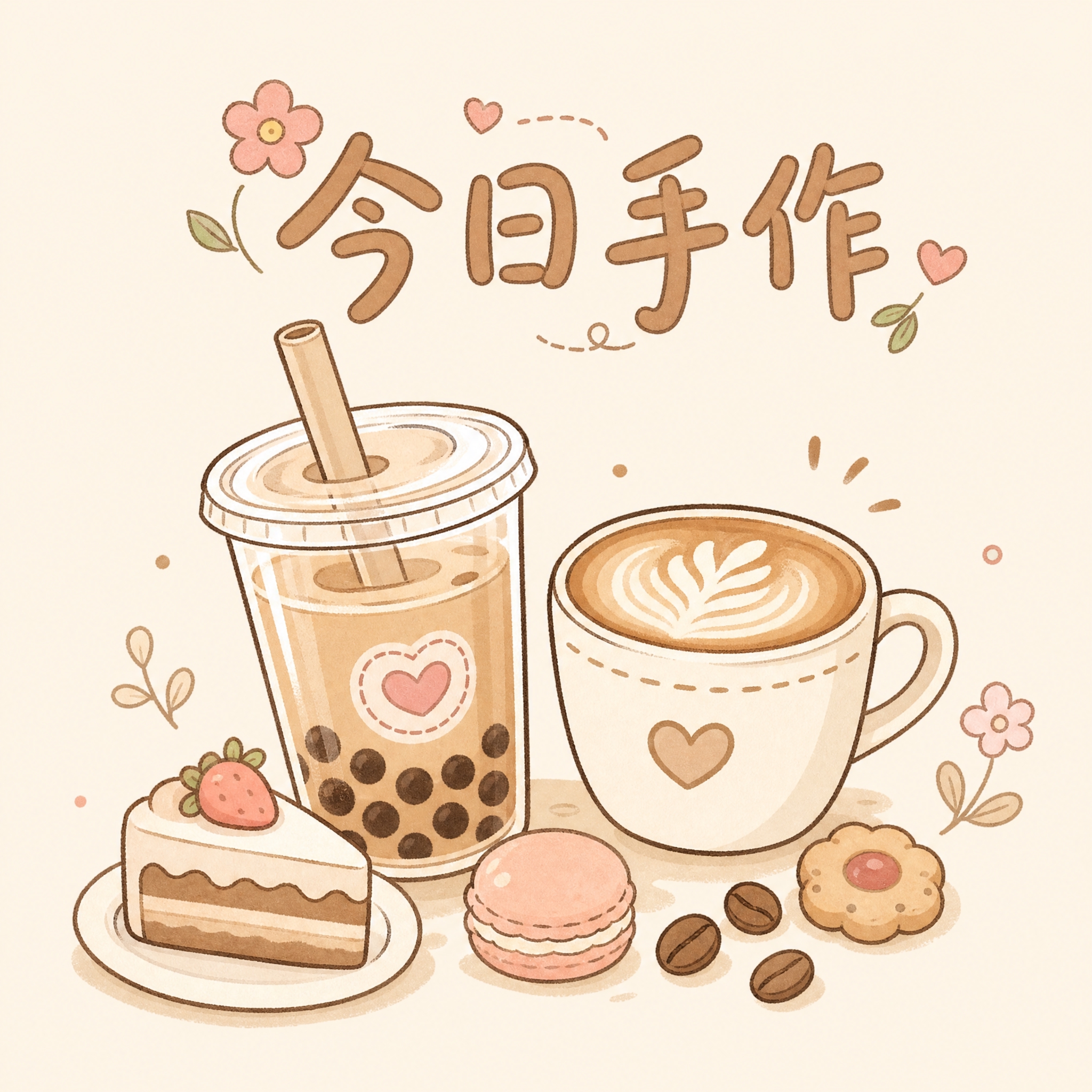 简笔画风格的店铺头像，正方形构图，画面中央是可爱的奶茶和咖啡饮… - 图片创意预览