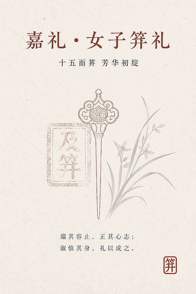 竖版海报，A3尺寸，300DPI，CMYK印刷级，8K超高清，专业平面设计，真实印刷质感，无AI插画感。设计细节：画面视觉中心为极简线描解构的发笄纹样，搭配半透明拓印质感的「及笄」篆刻印章，笄纹右侧做浅墨色兰草剪影，背景为浅米白宣纸肌理，整体大面积留白。完整文字设计与层级固定：画面上部居中，主标题“嘉礼・女子笄礼”，解构书法宋体，赭石红，字号占版面宽度1/2，字距拉开，碑刻手写质感；主标题下方居中，副标题“十五而笄 芳华初绽”，复刻老宋体，墨黑，字号为主标题的1/4；画面底部居中，正文文案“端其容止，正其心志；淑慎其身，礼以成之”，仿宋，青灰色，分两行，字号为副标题的1/2，行间距宽松；画面右下角放置小型篆刻印章图形，内刻「笄」字，与主体笄纹呼应，无多余元素。整体风格统一，素雅中式传统风。