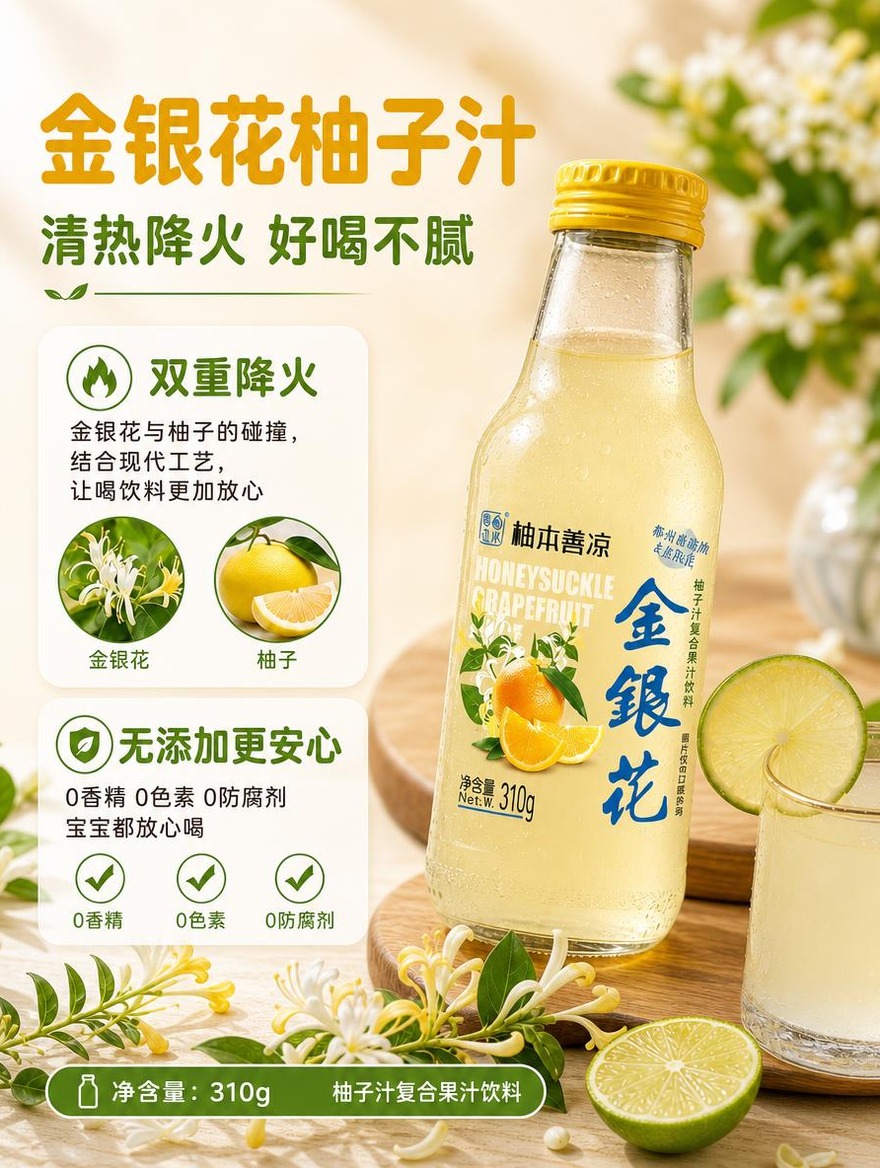 [商品] 使用【图10】金银花柚子汁产品（玻璃瓶）；保留玻璃瓶… - 图片创意预览