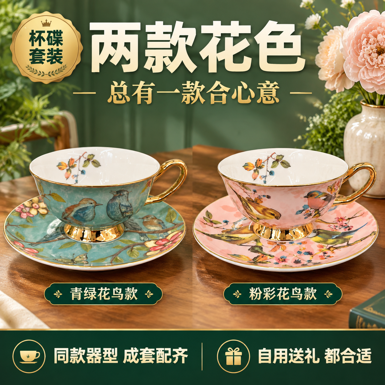 拼多多电商主图，英式骨瓷花鸟茶杯茶托套装，双花色套装决策图，大… - 图片创意预览