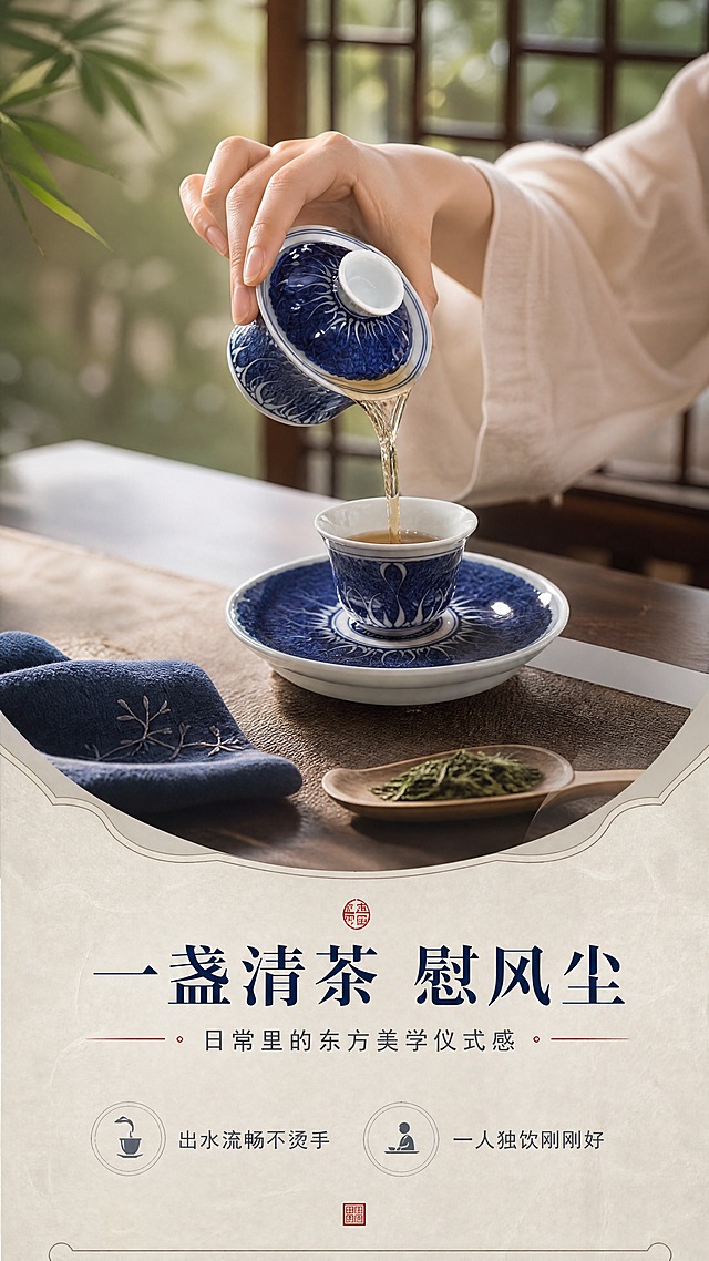 [商品] 使用【图1】艺笙手作青花瓜瓞绵绵盖碗套组；保留盖碗、品茗杯、壶承三件结构与青花蓝白配色；商品处理：自然融入沏茶场景，保持器型与纹样清晰，去除桌面瑕疵。
[画面] 页面目标：使用瞬间，传递沏茶品茶的生活美学感。构图：竖版9:16，中部偏上展示一只手（亚洲女性，纤细白皙）正持盖碗沏茶，茶汤倾入品茗杯，带轻微动态模糊。主体角度：45度侧视茶桌。前中后景：前景茶巾与茶荷，中景手部沏茶动作与茶器，后景虚化中式窗棂与绿植。场景：午后茶桌，自然光柔和，营造静谧治愈的品茶瞬间。
[视觉] 套系策略：风格=东方雅致新中式商业摄影；标题字=宋体衬线粗体；正文字=简洁无衬线体；主色=青花靛蓝+月白；背景延展=基于米白宣纸/麻布质感做深浅层级，同色系渐变；强调色=朱砂红，仅用于小面积印章、引线和标签；标题色=深靛蓝；正文色=炭灰；组件=细线边框、圆角米白信息卡、印章元素；光影=左前侧柔暖自然光，柔和阴影。
[文字] 下方主标题「一盏清茶 慰风尘」，副标题「日常里的东方美学仪式感」，下方2个体验点：出水流畅不烫手 / 一人独饮刚刚好。文字区居下，不遮挡手部与茶器主体。
[规格] 图片比例9:16竖版，4K，避免变形、错字、文字过小、冷灰背景、器型失真、手部怪异。