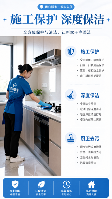 [第5屏] 保洁保护服务页，标题"施工保护 深度保洁"，左侧放保洁清洁厨房实景图，右侧分点说明施工保护、深度保洁、厨卫去污服务内容。9:16竖版，4K清晰，明亮干净。负向提示：场景变形，文字模糊，颜色预览效果