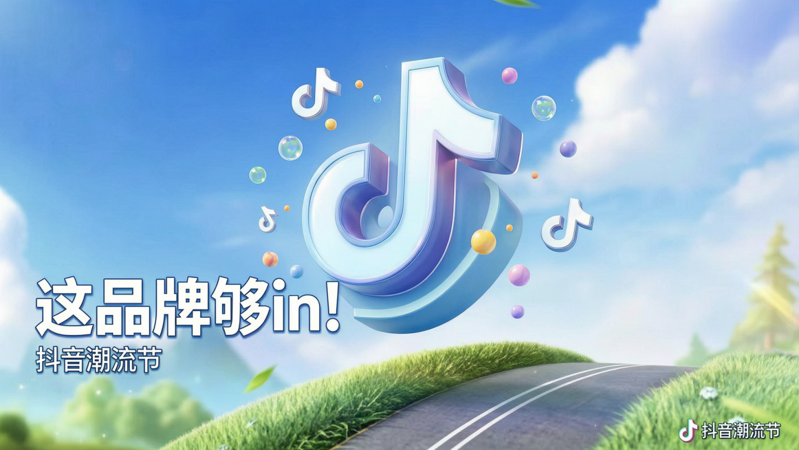 基于第一张图的清新公路蓝天草地背景，制作抖音潮流节主视觉主KV，比例16:9，突出抖音视觉符号，参考图二和图四简约清新的设计风格，参考图三将抖音符号创意融入产品化的表现方式，大透视构图，带有动态感，画预览效果
