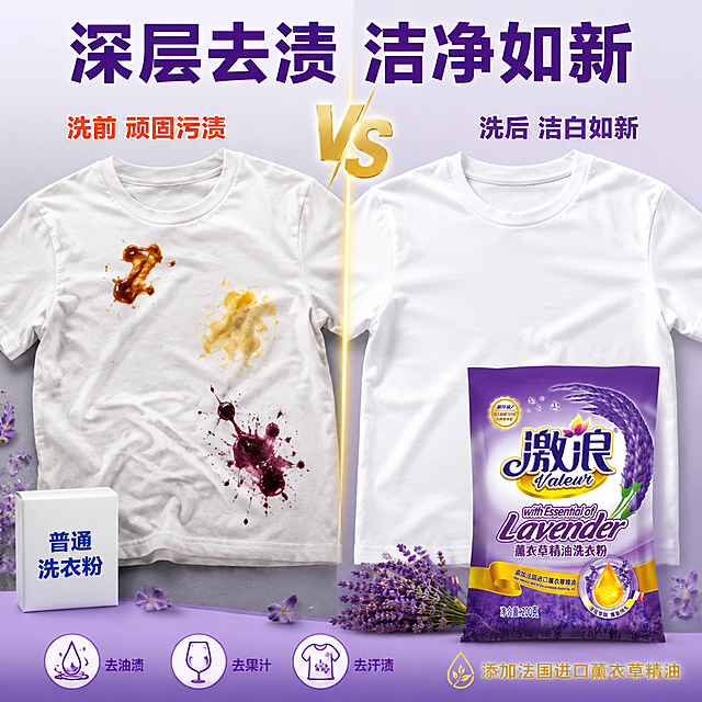 [主图-11] 激浪薰衣草洗衣粉去渍效果前后对比图
[氛围风格] 强对比视觉冲击，突出深层去渍的清洁力
[画质] 超高清商业摄影质感，光线明亮均匀，对比效果鲜明
[元素] 画面采用左右强烈对比构图：左侧是脏衣物特写，白色T恤上有明显的酱油渍、油渍、果汁渍等污渍，旁边放着普通洗衣粉；右侧是同款衣物洗后洁白如新的状态，旁边放着激浪薰衣草洗衣粉包装袋，保持产品外观与输入产品图完全一致。中间有一条金色竖线分隔，线上方有"VS"字样。背景为浅灰色到浅紫色渐变，干净简洁。衣物平铺展示，污渍清晰可见，洗后衣物洁白有光泽。画面底部有少量薰衣草花瓣装饰。
[光影] 顶部柔光均匀照射，衣物纹理清晰，污渍细节可见，洗后衣物有自然光泽，整体光线明亮干净
[配色] 主色调灰白+紫色，左侧偏暗灰突出污渍，右侧明亮紫色突出洁净，对比强烈
[视角构图] 俯视平铺角度，左右对称对比构图，中间分隔线清晰，视觉冲击力强，画面满屏无边框
[文字版式] 顶部大标题"深层去渍 洁净如新"，深紫色超粗黑体，字号最大，居中排列。左右两侧上方分别标注：左侧"洗前 顽固污渍"，橙红色粗体；右侧"洗后 洁白如新"，深紫色粗体。底部三列小图标+文字："去油渍""去果汁""去汗渍"，图标为浅紫色圆形，文字深紫色。右下角有金色小字"添加法国进口薰衣草精油"。文字清晰不遮挡主体
[输出要求] 1:1正方形比例，文字清晰可辨，超高清商业摄影质感
[负向提示词] 产品变形，文字错乱模糊，背景杂乱，水印，电商平台Logo，多余的手，畸形手指