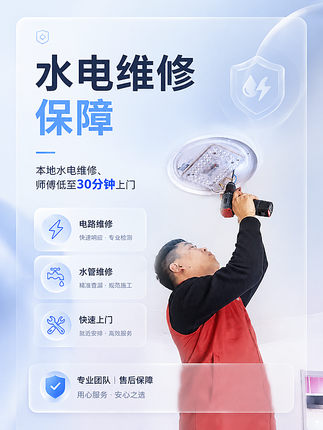 基于参考图，重新设计为磨砂玻璃质感极简风风格的水电维修服务海报封面。保留主标题“水电维修保障”、副标题“本地水电维修、师傅低至30分钟上门”及核心服务信息，保留水电维修师傅人物主体。整体采用磨砂玻璃极简风格：毛玻璃半透明卡片，柔和渐变色，细线条图标，高级ins风，留白充足，质感细腻，文字优雅清晰。