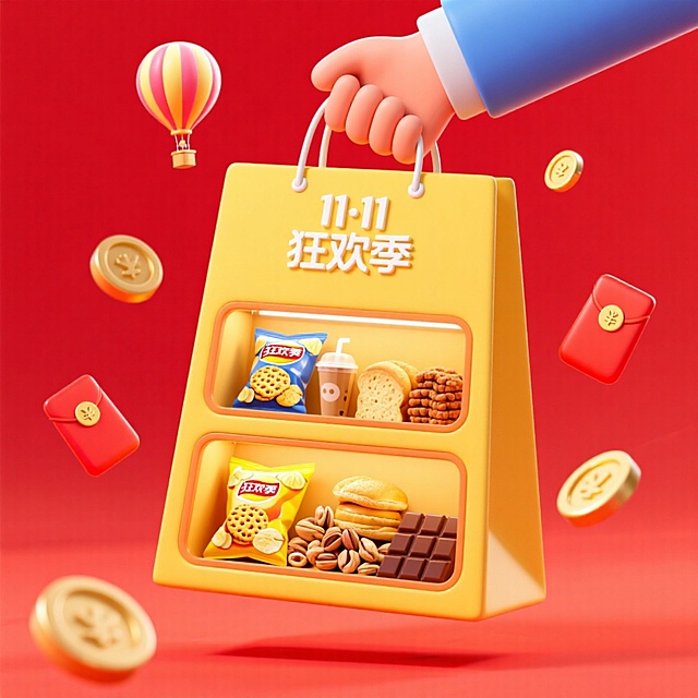 画面主视觉是一只手提着巨型黄色购物袋。购物袋内部设计成双层橱窗形式，展示着薯片、饼干、奶茶、面包、坚果、巧克力等零食。袋子上印着“11·11 狂欢季”，周围环绕着金币、红包、热气球等元素。电商红色背景。