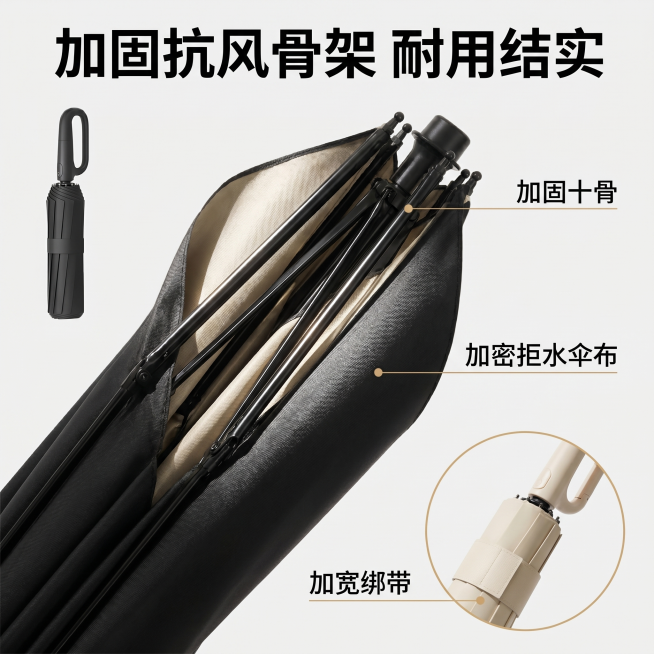 [主图 3] 晴雨伞材质骨架细节展示；
[氛围风格] 专业质感，突出品质；
[画质] 商业摄影质感，光线明亮通透，产品清晰真实，画面干净高级；
[元素] 产品局部细节特写，展示加粗伞骨和加密伞布，左上预览效果