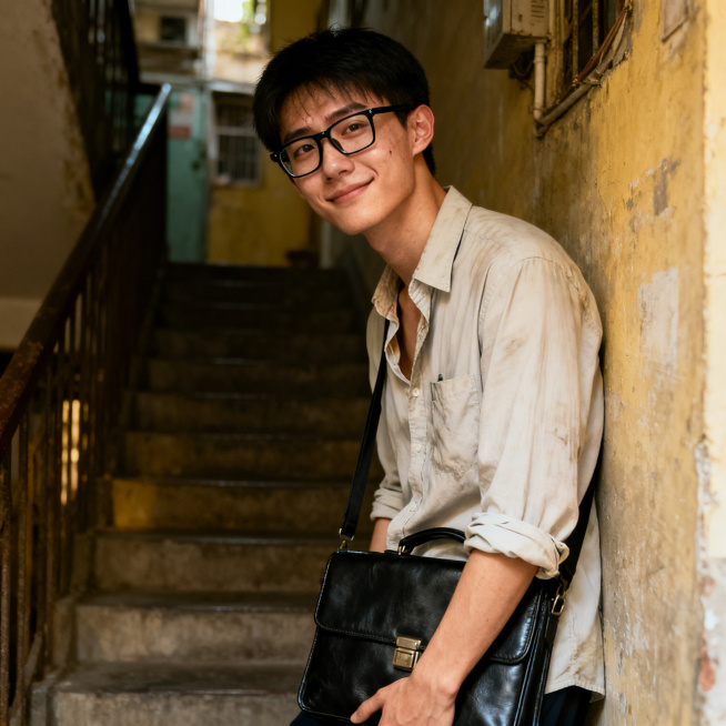 社区工作者，青年，中等个头白白净净斯文秀气，戴黑框眼镜挟黑皮包，中等身材略显单薄，面容清秀带疲惫感，眼神温和有耐心，嘴角挂职业性微笑，穿浅色衬衫，衣衫略显凌乱，领口敞开袖子挽起，在老旧居民楼昏暗楼梯间预览效果