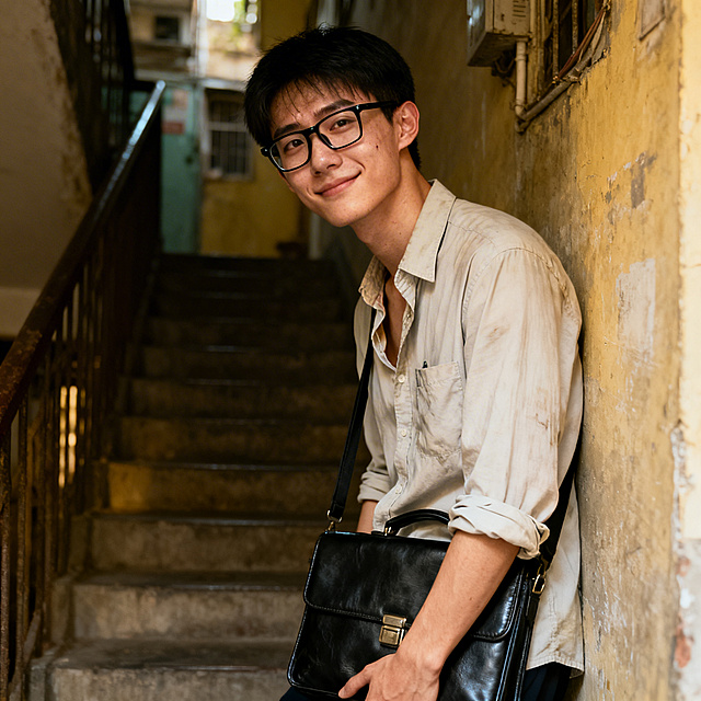 社区工作者，青年，中等个头白白净净斯文秀气，戴黑框眼镜挟黑皮包，中等身材略显单薄，面容清秀带疲惫感，眼神温和有耐心，嘴角挂职业性微笑，穿浅色衬衫，衣衫略显凌乱，领口敞开袖子挽起，在老旧居民楼昏暗楼梯间扶墙歇息，气喘吁吁