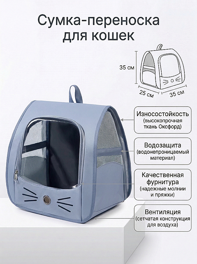 将图中猫包的整体颜色完全替换为参考图的浅蓝色，保持原图的所有文字信息、尺寸标注、产品结构、构图和背景不变，严格还原参考图的浅蓝色外观