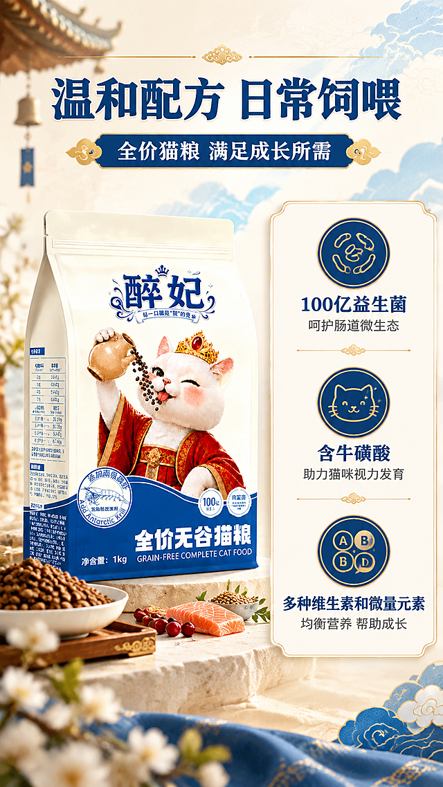 [商品] 使用【图1】醉妃猫粮包装袋置于左侧中部；保留包装所有原有文字图案与IP形象，包装清晰完整，正面略偏右展示。
[画面] 目标：营养配方专张，展示益生菌、牛磺酸、维生素微量元素等配方卖点。构图：左右分栏型，左40%为产品包装，右60%为配方信息卡片区；背景为米白渐变 + 淡蓝云纹，右侧配3个圆形图标区，分别对应益生菌、牛磺酸、多维微量元素，图标简洁线条风，不做医疗化表达。
[视觉] 套系策略：风格=国潮宫廷萌系商业摄影，温馨食欲感；标题字=国潮宋体加粗，带轻微描边；正文字=圆润无衬线体；主色=藏青蓝 + 米白；背景延展=基于米白与藏青蓝做深浅层级、同色渐变、祥云/水纹暗纹质感；强调色=金色，仅用于小面积图标、引线、装饰纹样和标签描边；标题色=藏青蓝；正文色=深炭灰；组件=圆角白底信息卡、金色细线引线、云纹装饰条；光影=左前侧暖柔光，产品底部自然投影。
[文字] 顶部主标题「温和配方 日常饲喂」，副标题「全价猫粮 满足成长所需」；右侧3个配方模块横排标题分别为「100亿益生菌」「含牛磺酸」「多种维生素和微量元素」，各配1行短句说明；文字均横排，字号清晰手机可读。
[规格] 图片比例9:16竖版，分辨率4K，quality=medium。负向提示：避免功效类表述、健康字眼、治疗承诺、绝对化用语、平台名称、杜撰数据、医疗化图标、竖排文字。