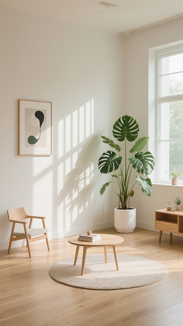 明亮通透的极简主义风格直播间背景，温暖的米白色墙壁与浅木色地板形成柔和基调，大面积自然光透过窗户洒入，在墙面投下清晰的竖条纹光影和植物阴影，营造出宁静舒适的氛围。房间内摆放着不同角度和布置的简约家具：浅色木质小圆桌，桌面可放置书籍或装饰品，旁边是大型绿植如龟背竹，搭配白色花盆，墙角挂有简约风格的抽象装饰画。地面铺有圆形浅色地毯，整体色调以米白、浅木色、淡绿色为主，光线柔和且层次分明，适合作为温馨自然的直播背景环境。