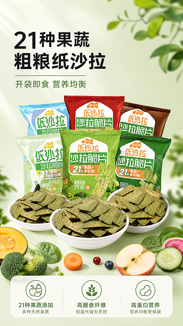 [第1屏] 详情页头图-21种果蔬粗粮纸沙拉产品全貌展示。[氛围/风格] 清新绿色系健康食品风格，参考onlytree果蔬液体沙拉的视觉语言，强调自然健康、轻盈活力感，商业摄影质感+柔和光感+真实场景呈现。[元素布局] 【图2】中的21种果蔬粗粮纸沙拉多包装产品放在画面中央偏上区域，占据画面60%主体，保持包装颜色（蓝、红、棕、绿等）、文字标识、产品实物形态与输入产品图一致。背景为浅绿色渐变，左上区域留白用于标题，底部可加入新鲜果蔬切片作为装饰元素。整体无边框满铺。[光影质感] 左上方柔和主光照亮产品包装，形成自然投影，产品边缘清晰真实，包装文字清晰可辨。[配色色系] 全局底色：#E8F5E9（浅绿）；主体配色：包装各色+产品实物绿色；辅助色：新鲜果蔬色彩。[视角构图] 正面微俯视，产品位于中央偏上，包装排列有序，展现多口味选择。[文字版式] 上半部分左上标题「21种果蔬粗粮纸沙拉」大字黑体，下方副标题「开袋即食 营养均衡」，底部信息条展示核心卖点「21种果蔬添加」「高膳食纤维」「高蛋白营养」。[比例分辨率] 9:16竖版比例，1080×1920像素，4K分辨率。[负向提示词] 包装变形，文字错乱，颜色偏差，水印，产品图模糊，背景杂乱。
